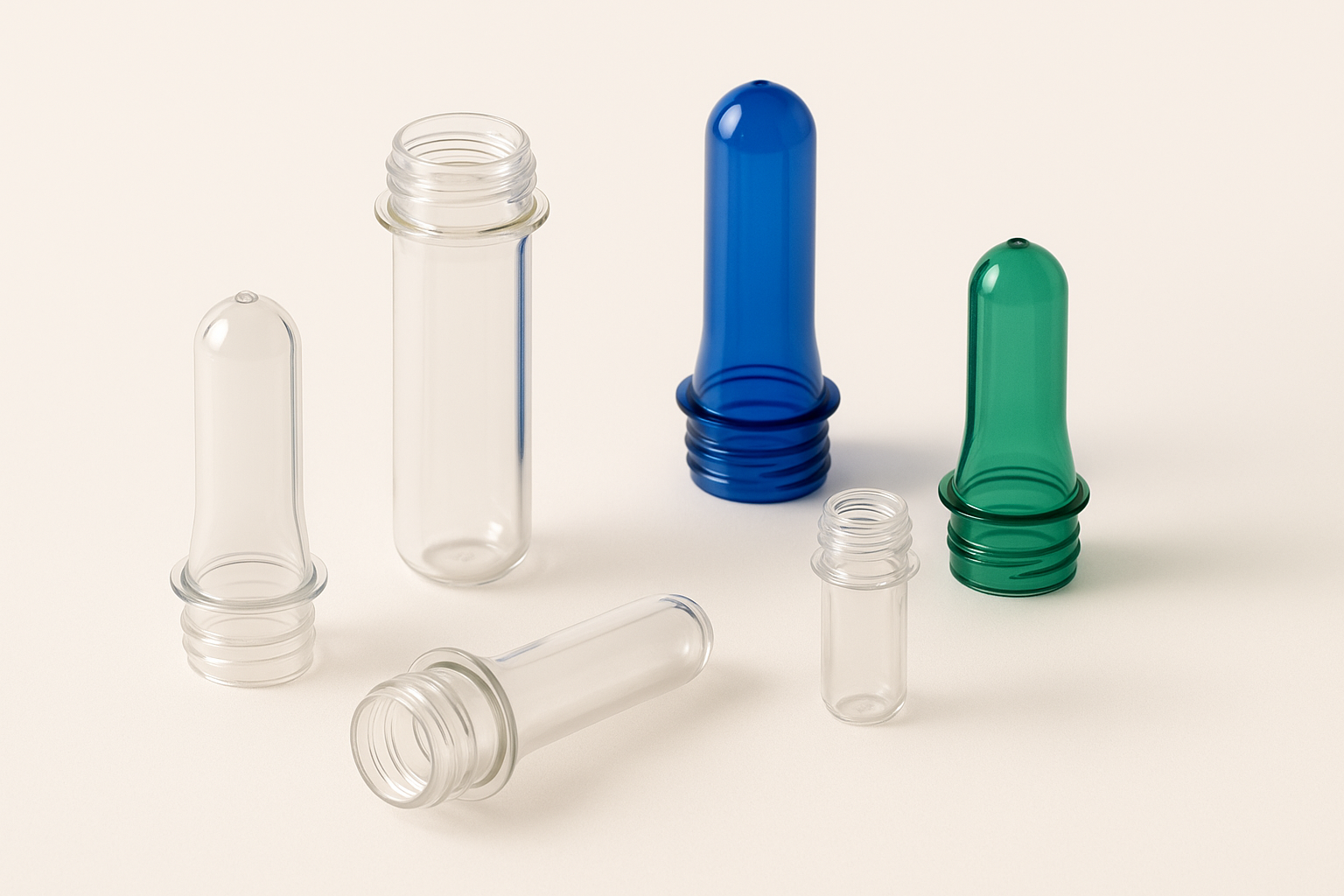 Close-up image of assorted PET preforms displaying different neck finishes and colors on a clean light background illustrating technical specifications in PET preform sourcing