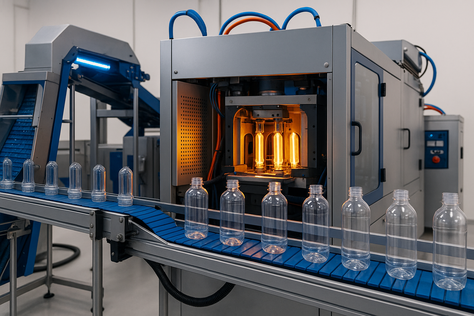 Modern packaging production line showing blow molding machines forming PET bottles from preforms in a clean industrial setting