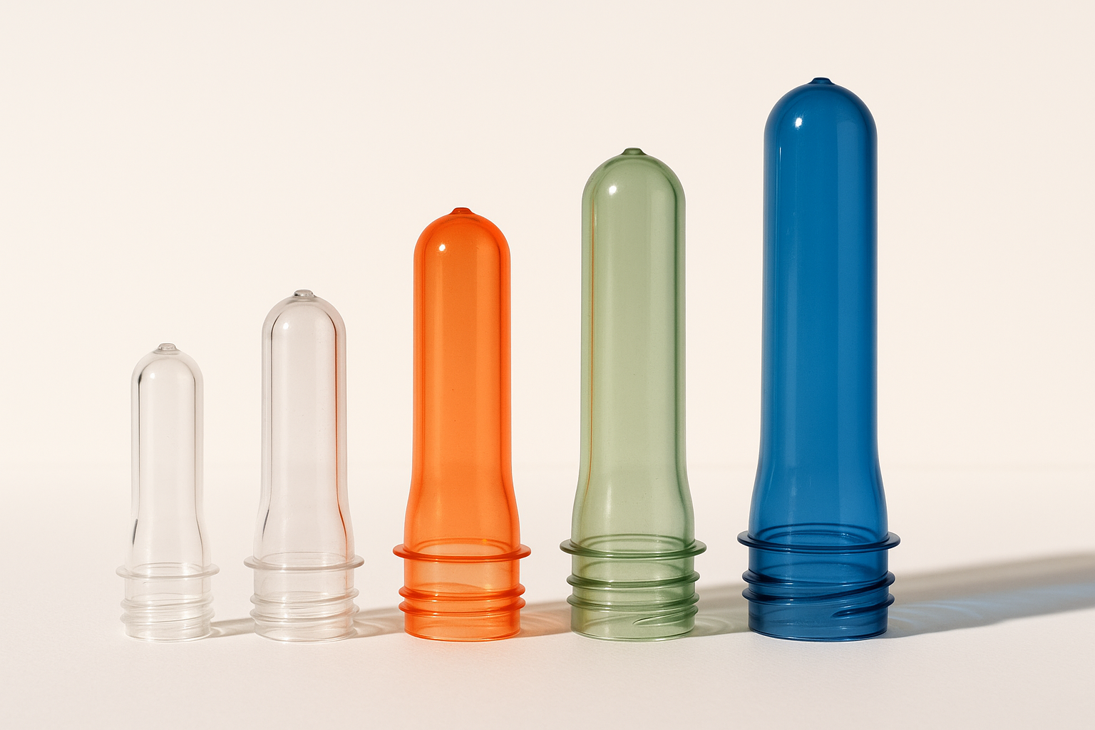Selection of sustainable PET preforms including lightweight and tinted rPET preforms arranged by weight on a light background