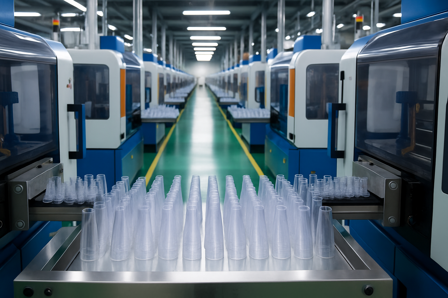 Photograph of a modern PET preform manufacturing factory floor with injection molding machines producing clear PET preforms, showcasing clean and efficient production environment.