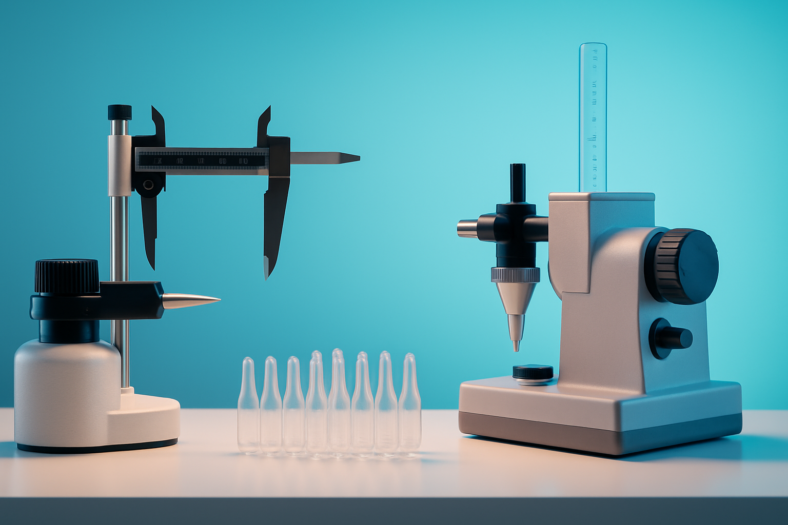 Close-up photo of a quality control technician measuring PET preforms with precision instruments showing lab testing of intrinsic viscosity and weight consistency.