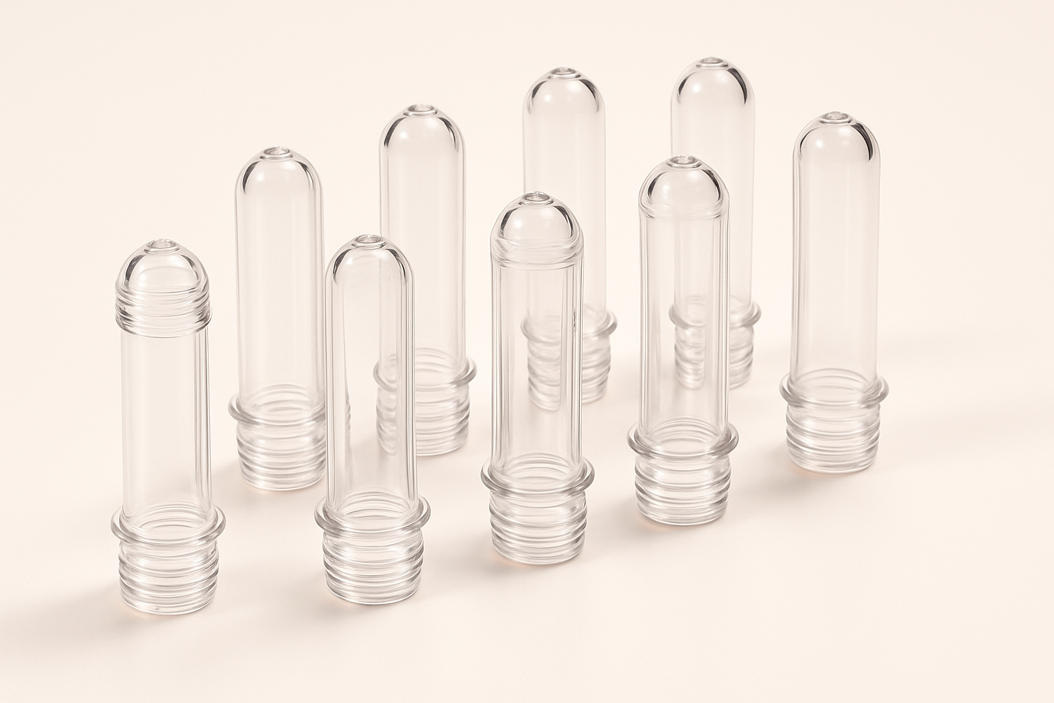 High-quality clear PET preforms showcasing uniform neck finishes and consistent wall thickness on a clean white background
