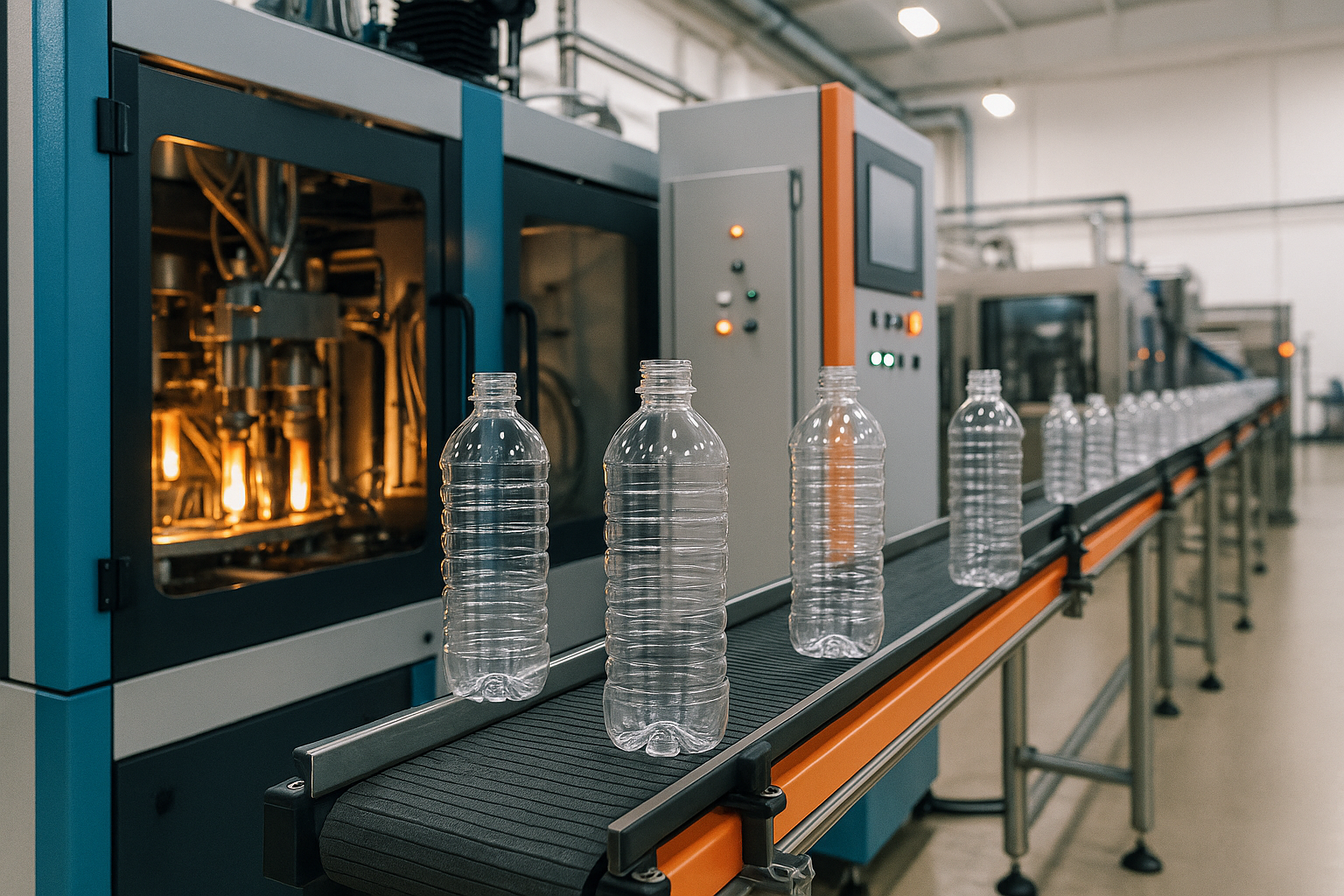 Modern beverage production line with stretch blow molding machines manufacturing clear PET bottles in an efficient factory environment