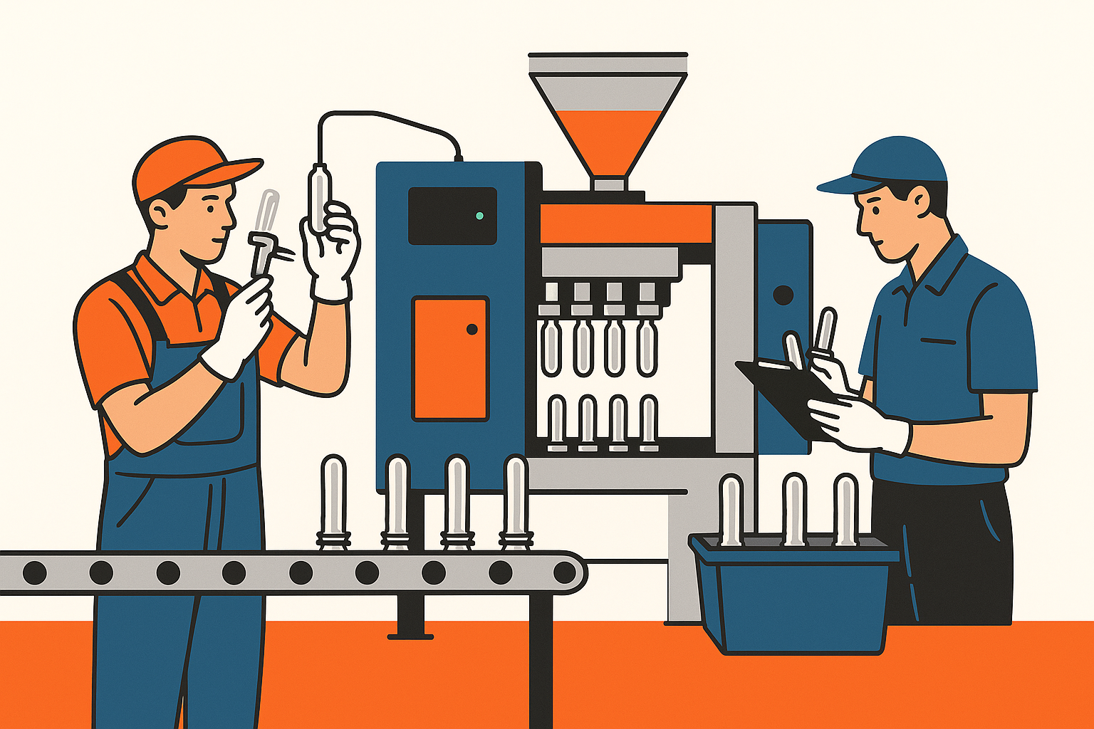 Image of a PET preform manufacturing line with quality inspection and workers ensuring consistency in bulk packaging production
