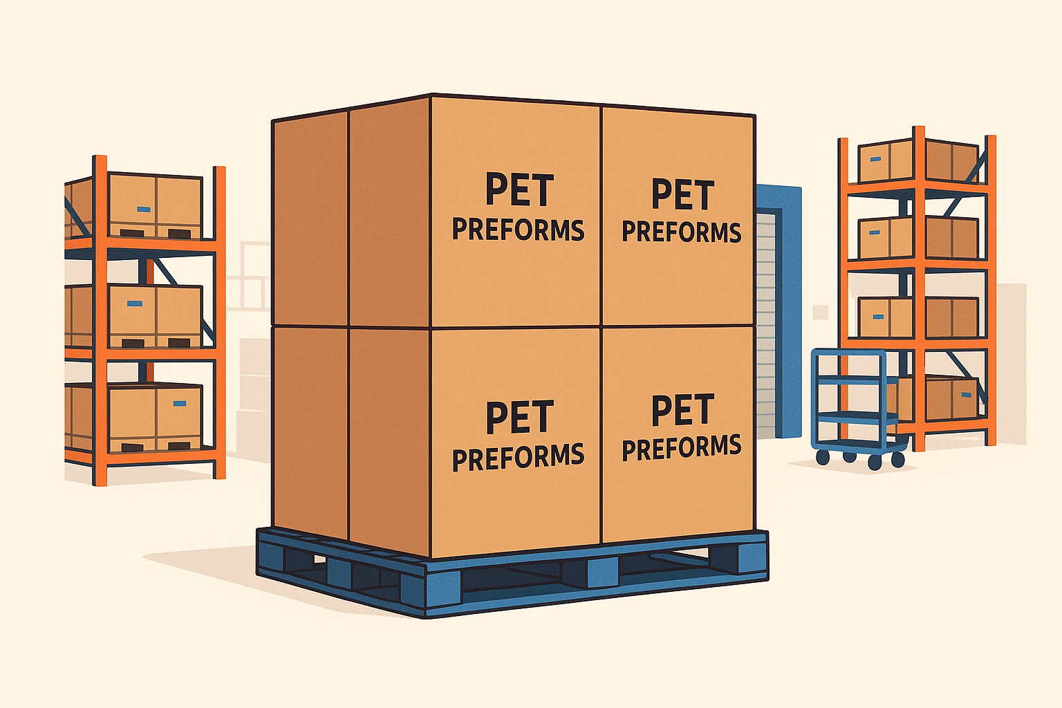 Photograph of organized bulk PET preform packages in warehouse highlighting efficient logistics and inventory management