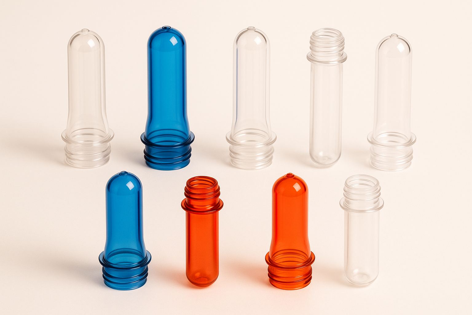 Close-up image of diverse PET preforms showcasing different colors and neck finishes with high clarity and precise dimensions