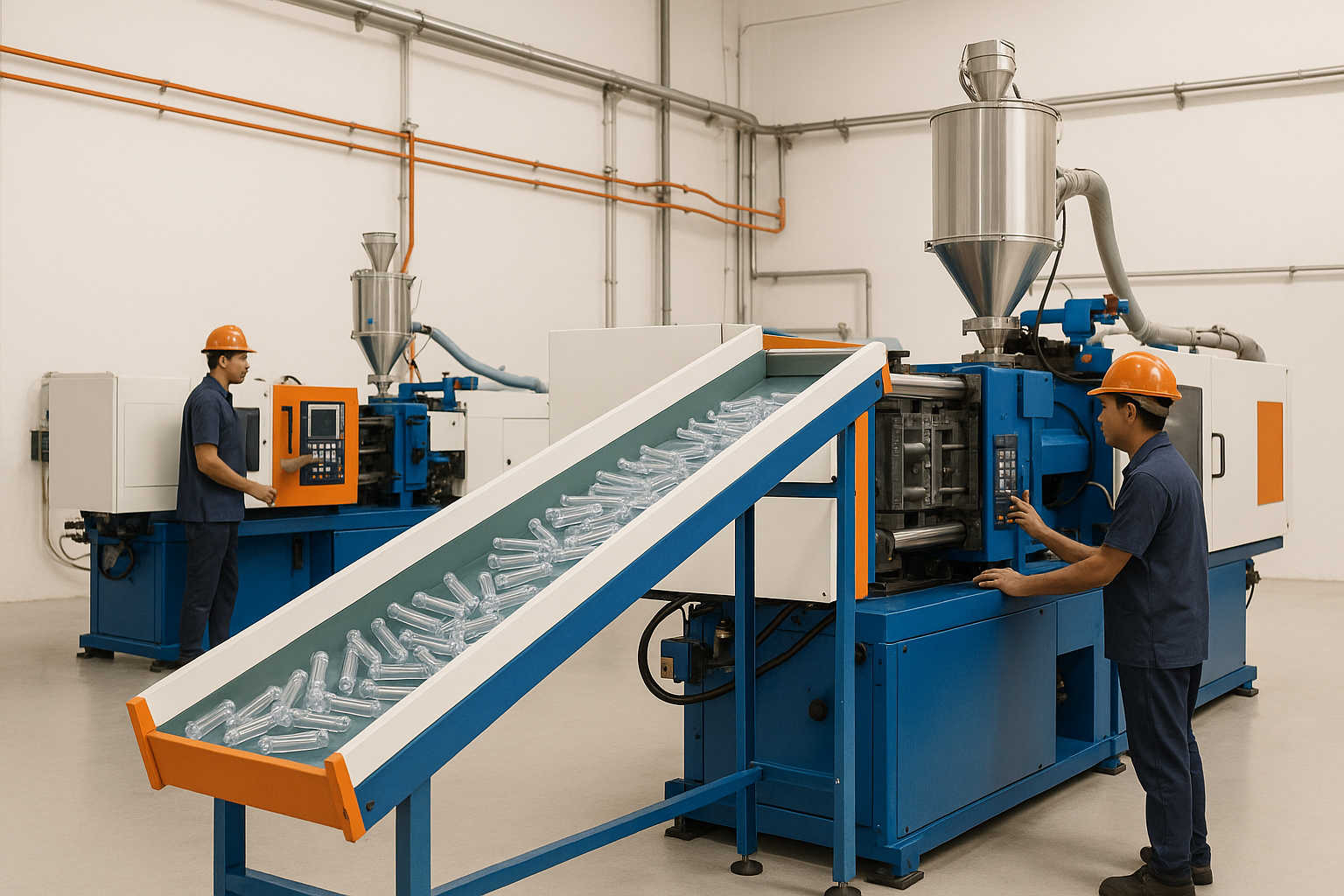 Modern PET preform manufacturing line in India with injection molding machines and quality control processes in a clean industrial environment